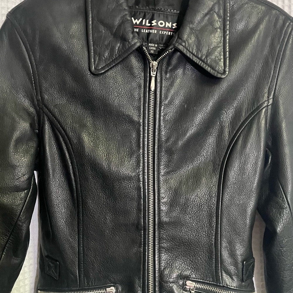 Wilsons Black Full Grain Leather Moto Fitted Jacket Zip Close 2 front Pockets XS - Picture 5 of 8